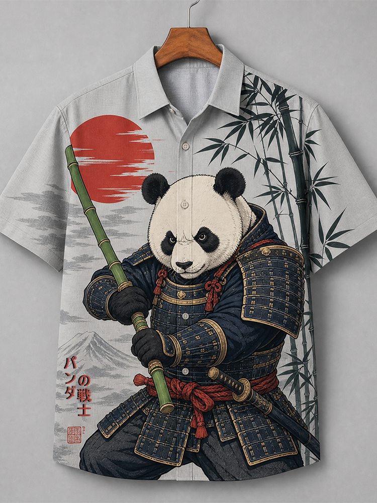 Men's Japanese Samurai Panda Red Sun And Bamboo Print Short Sleeve Shirt
