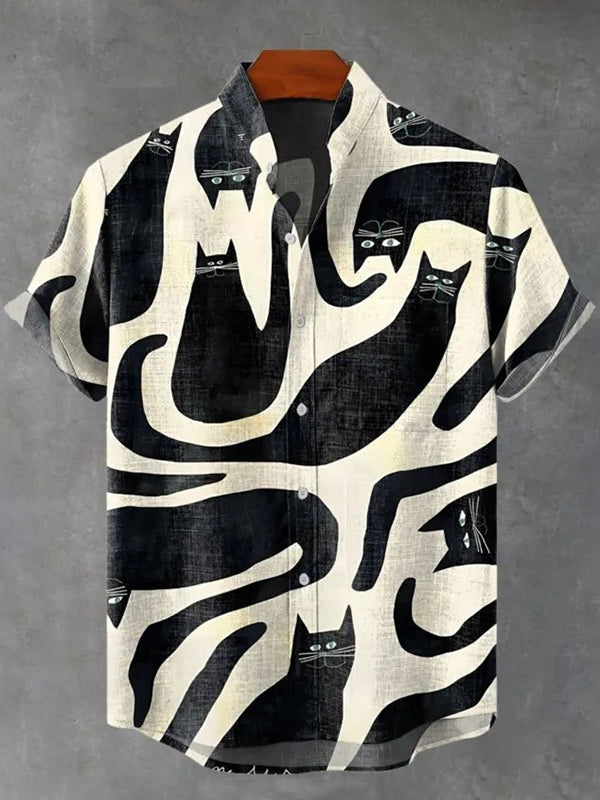 Men's Fun Cat Print Casual Linen Blend Short-sleeve Shirt