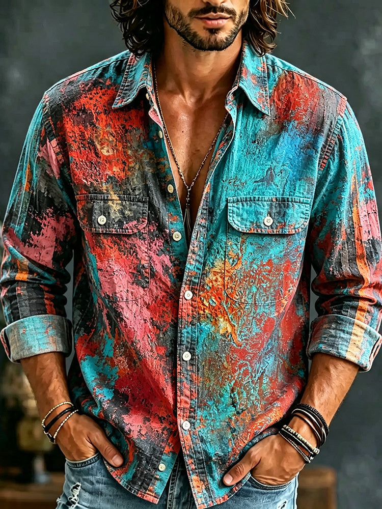 Men's Retro Art‑washed Abstract Textured Print Pocket Shirt