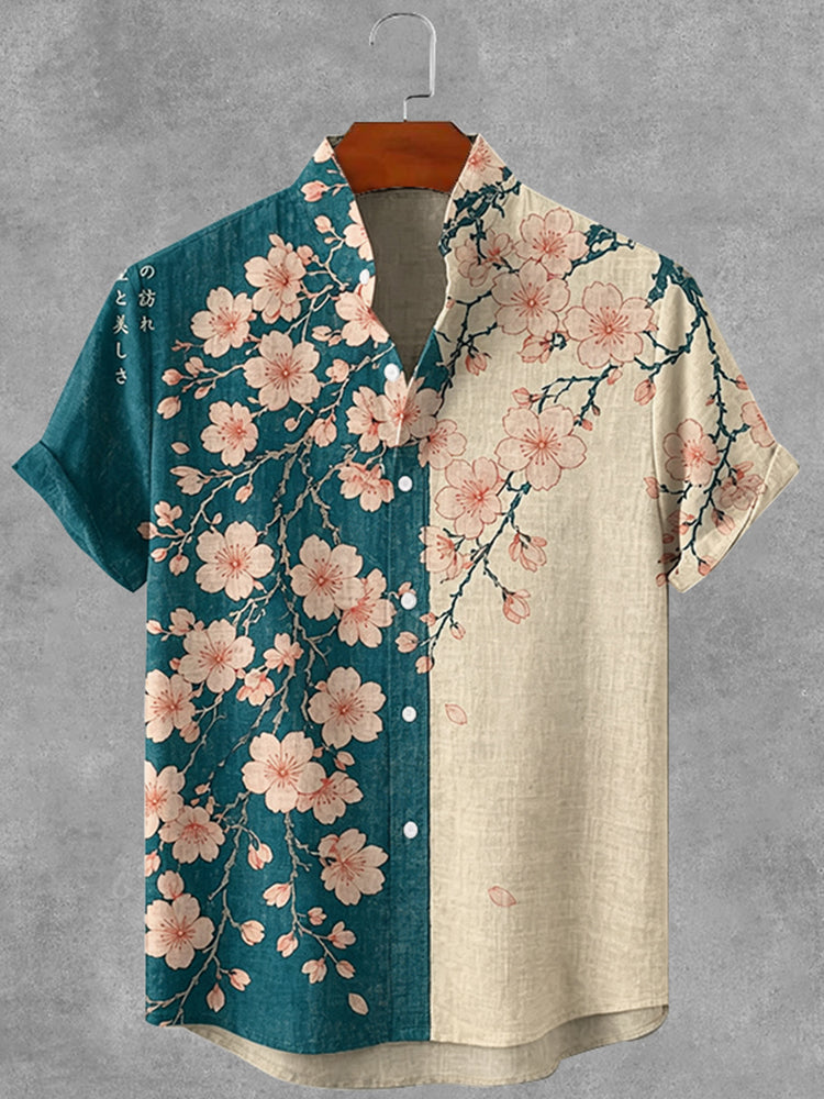 Vintage Japanese Cherry Blossom Art Print Button Casual Linen Shirt
