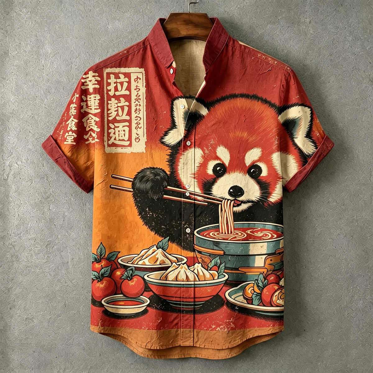 Men's Retro Japanese Art Red Panda Print Linen Shirt