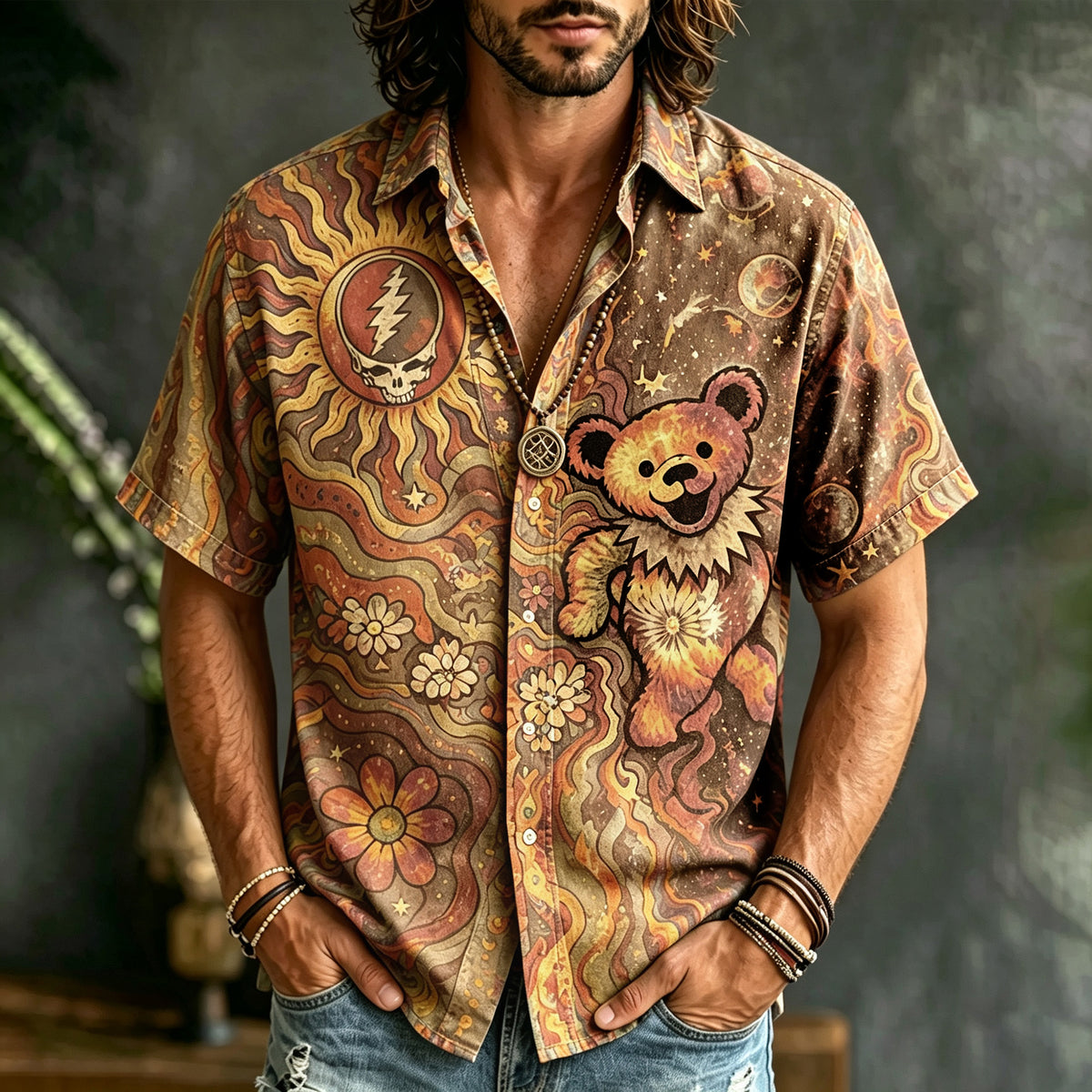 Men's Grateful Dead Dancing Bear Tie Dye Short Sleeve Button Shirt