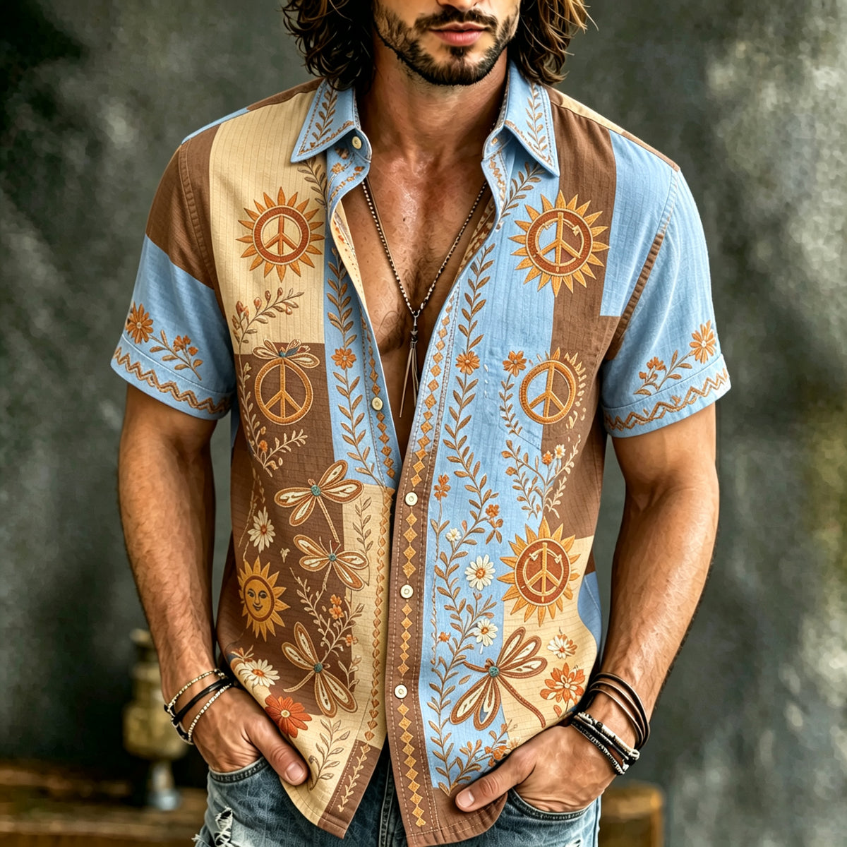 Men's Retro Hippie Floral Color Block Print Linen Short-sleeve Shirt