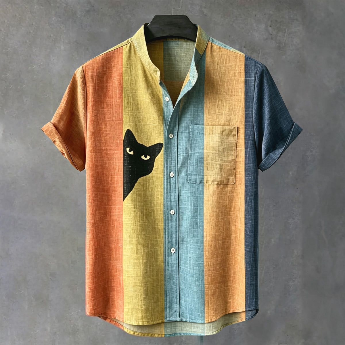Men's Vintage Black Cat Contrast Stripes Art Short Sleeve Shirt