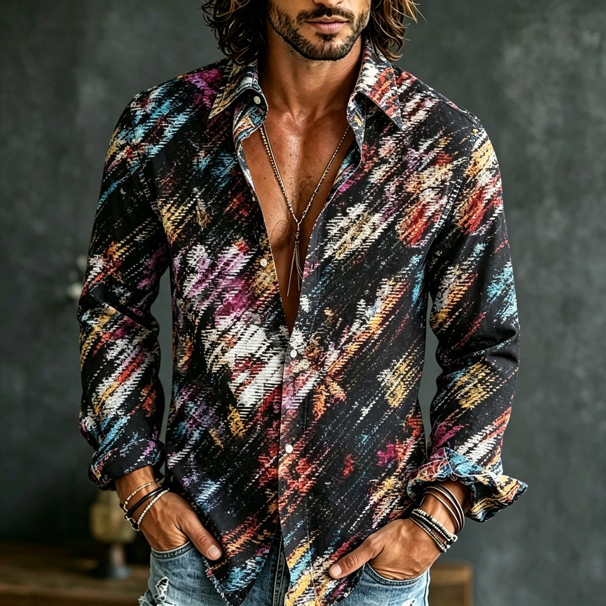 Men's Retro Bohemian Japanese Art Abstract Floral Print Shirt