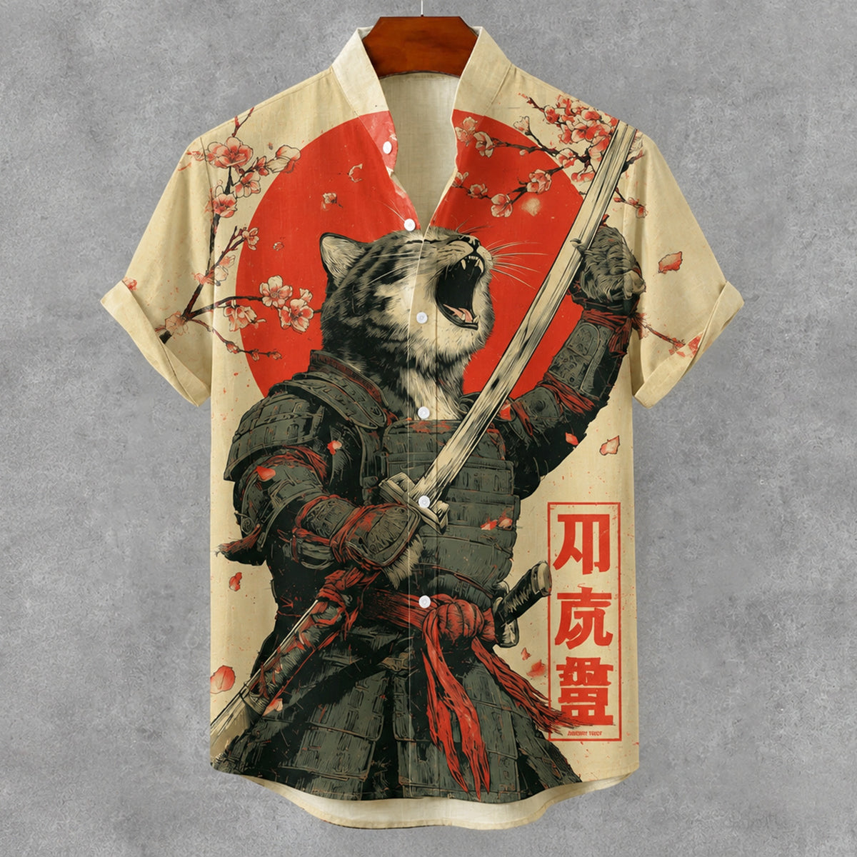Men's Vintage Japanese Samurai Cat Art Print Button Casual Linen Shirt