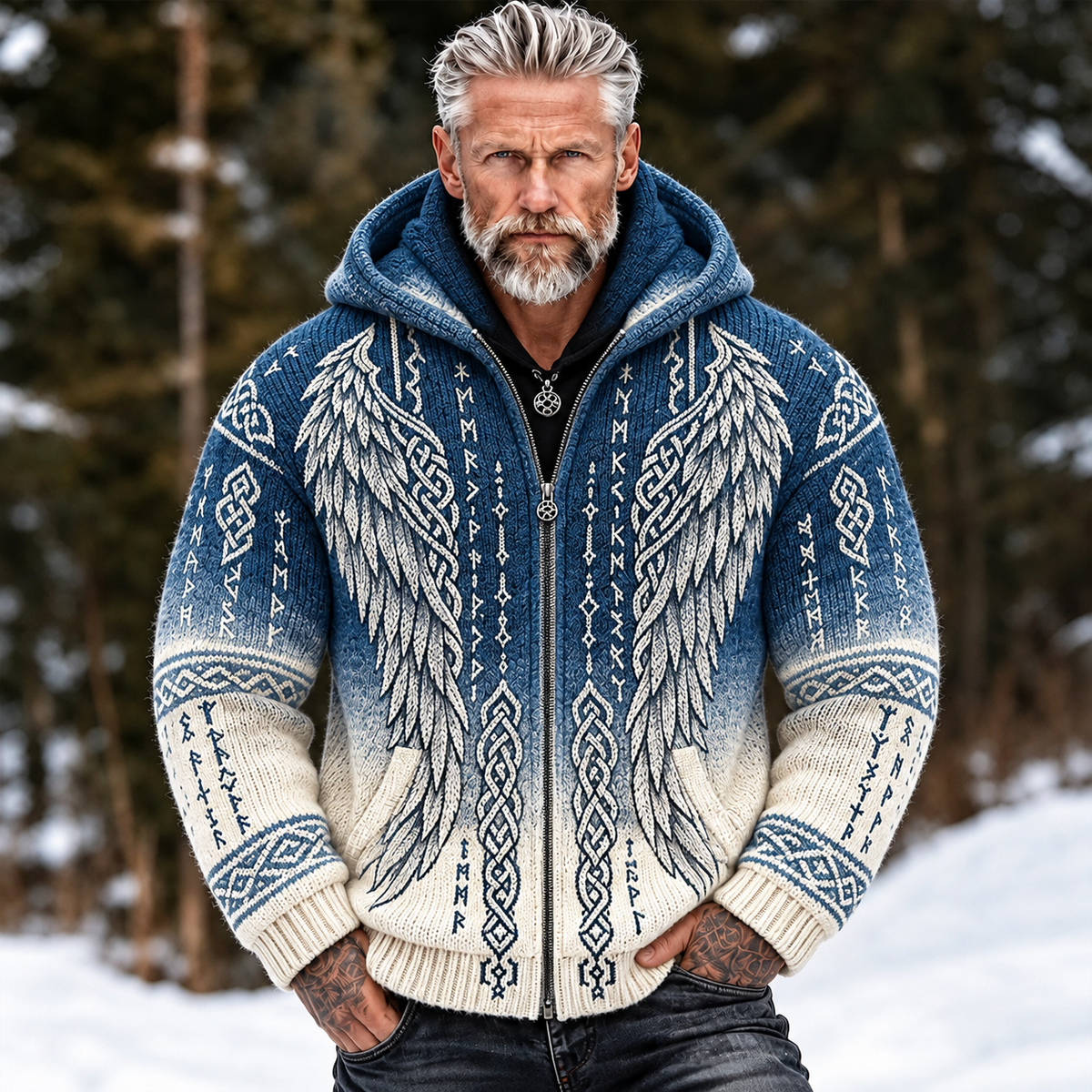 Men's Vintage Viking Style Wings And Celtic Knot Art Jacquard Hooded Cardigan Sweater