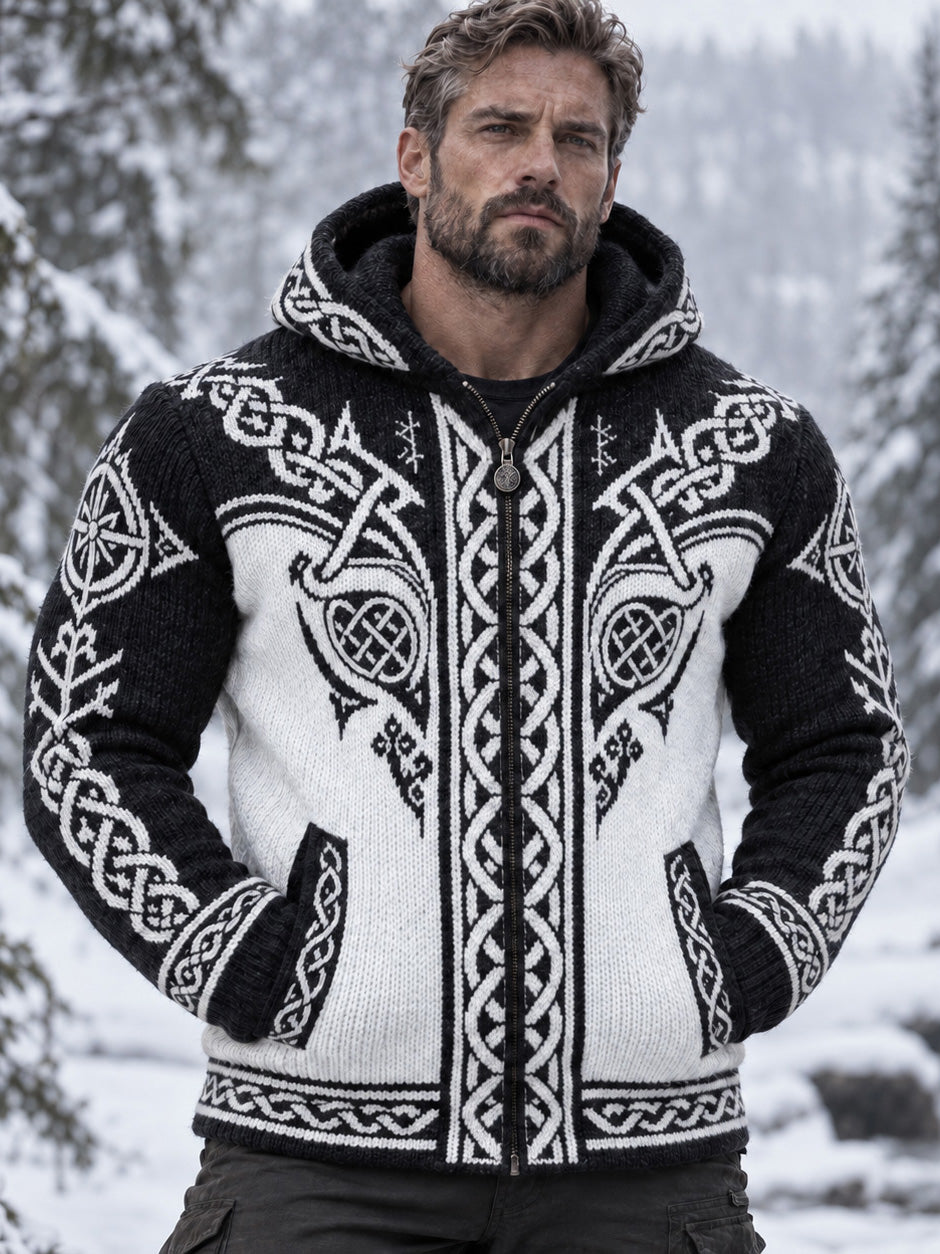 Men's Retro Geometry Viking Pattern Zip-up Cozy Hooded Sweater
