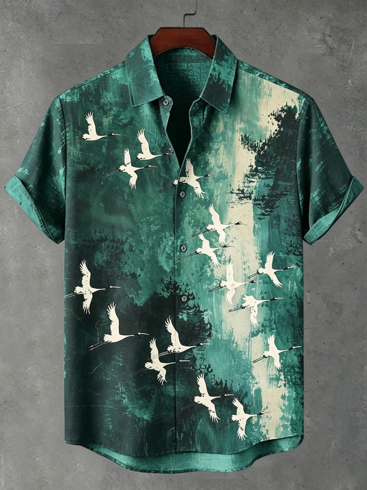 Men's Retro Japanese Crane Pattern Print Casual Linen Blend Shirt