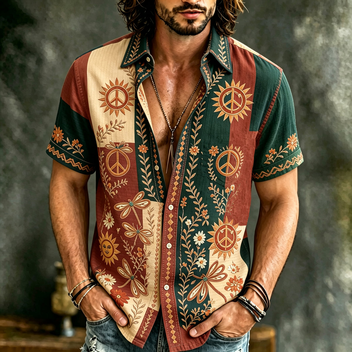 Men's Retro Hippie Floral Color Block Print Linen Short-sleeve Shirt