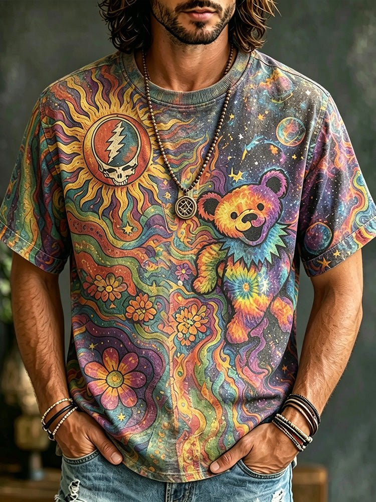 Retro Hippie Style, Washed Grateful Dead Dancing Bear Psychedelic Galaxy Sun Skull Floral Short-sleeved T-shirt