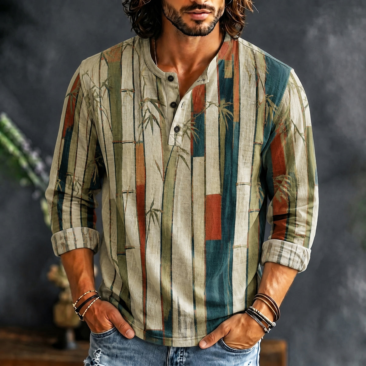 Men's Vintage Japanese Bamboo Art Print Henley Neck Long Sleeve T-shirt