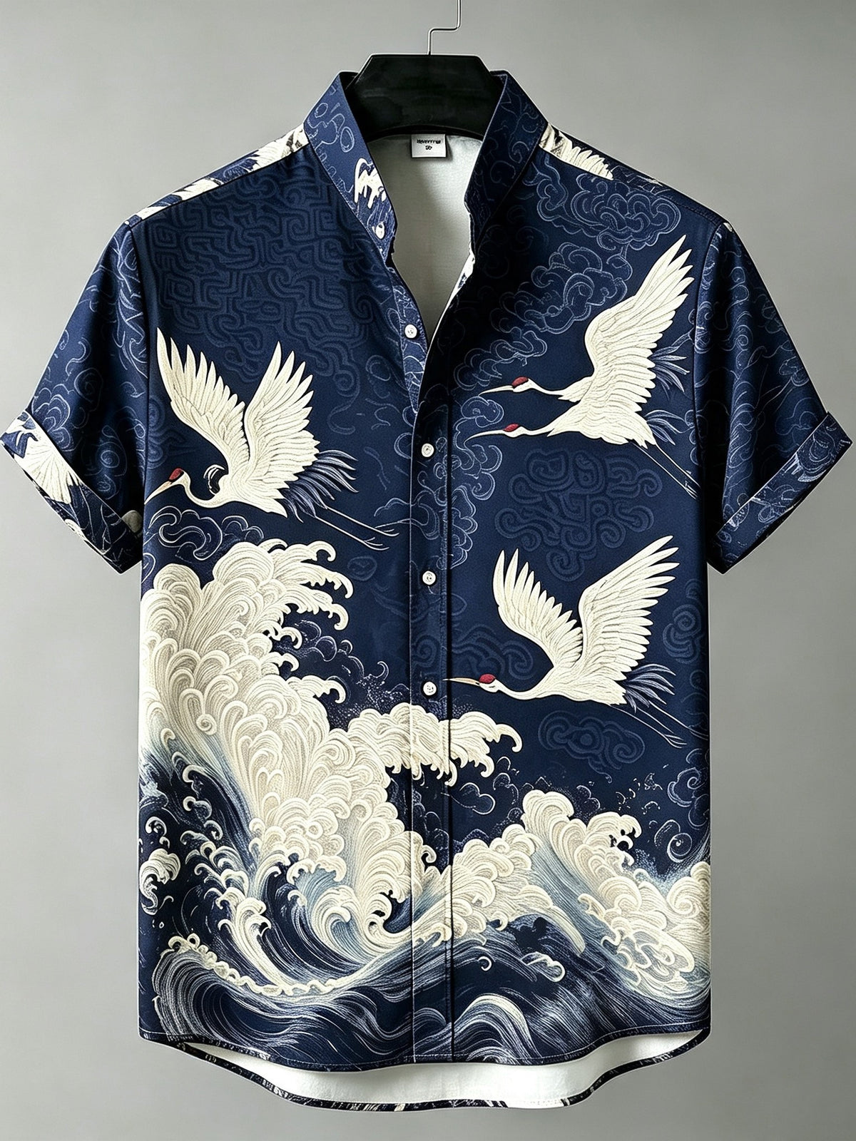 Men's Retro Bohemian Japanese Art Crane And Wave Print Linen Short-sleeve Shirt