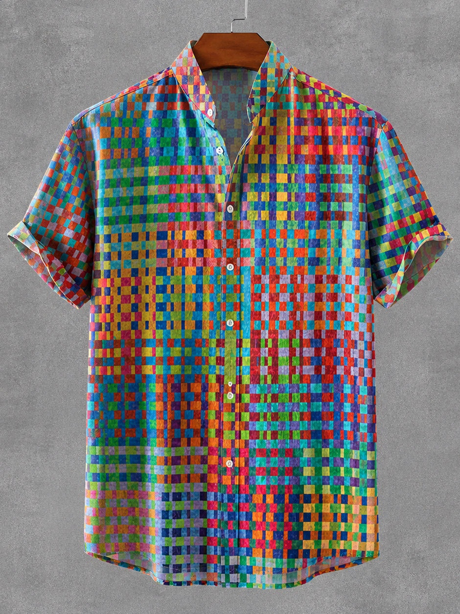 Men's Retro Hippie Rainbow Woven Stripes Print Casual And Linen Shirt
