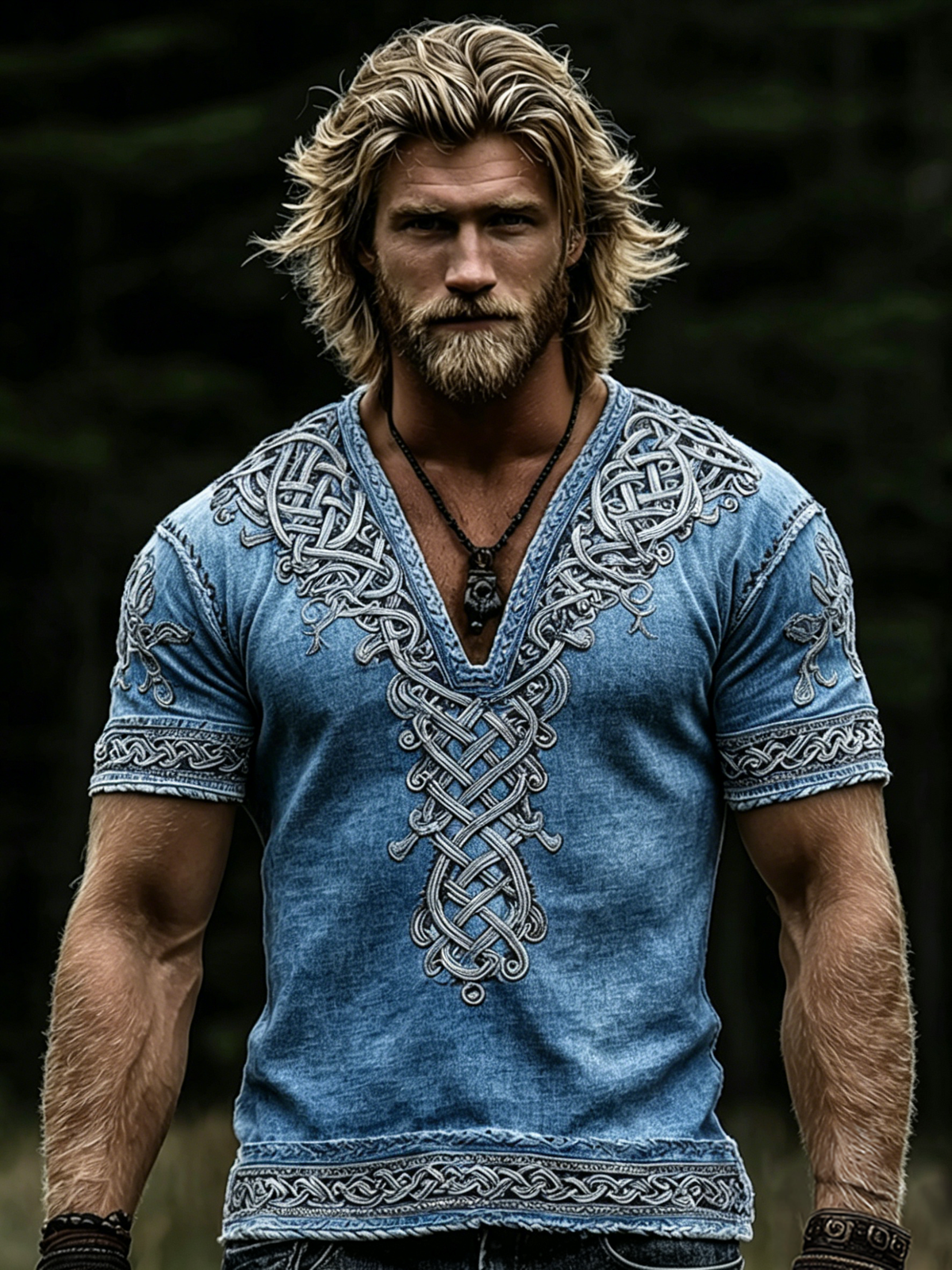 Men's Vintage Viking Celtic Knot Art Linen V-neck T-shirt