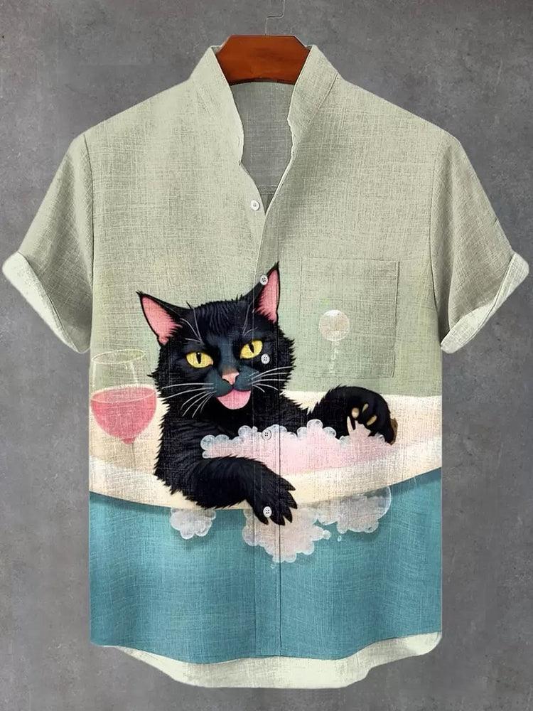 Men's Fun Bathing Cat Print Casual Linen Blend Short-sleeve Shirt