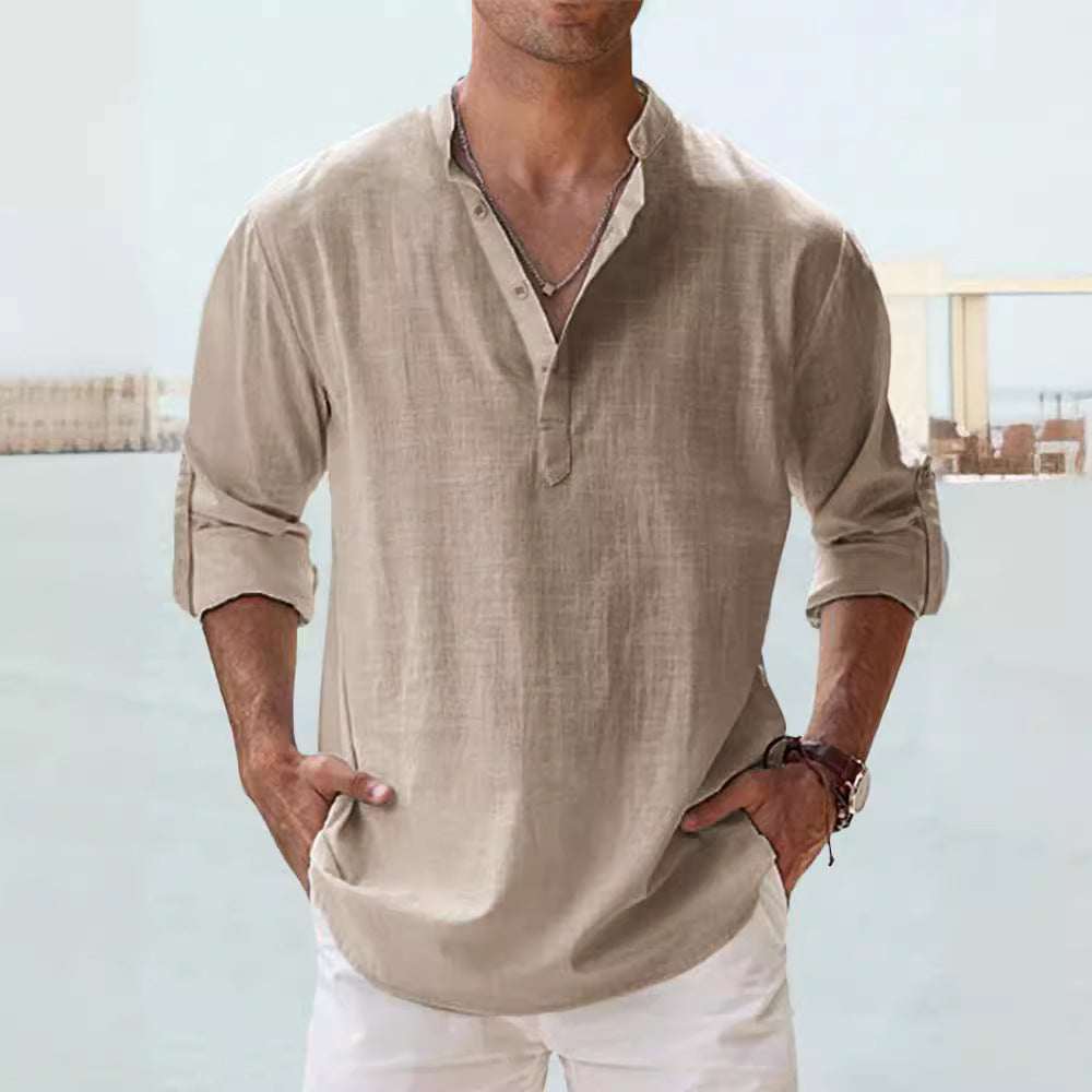 Casual And Linen Solid Color Long Sleeved Shirt