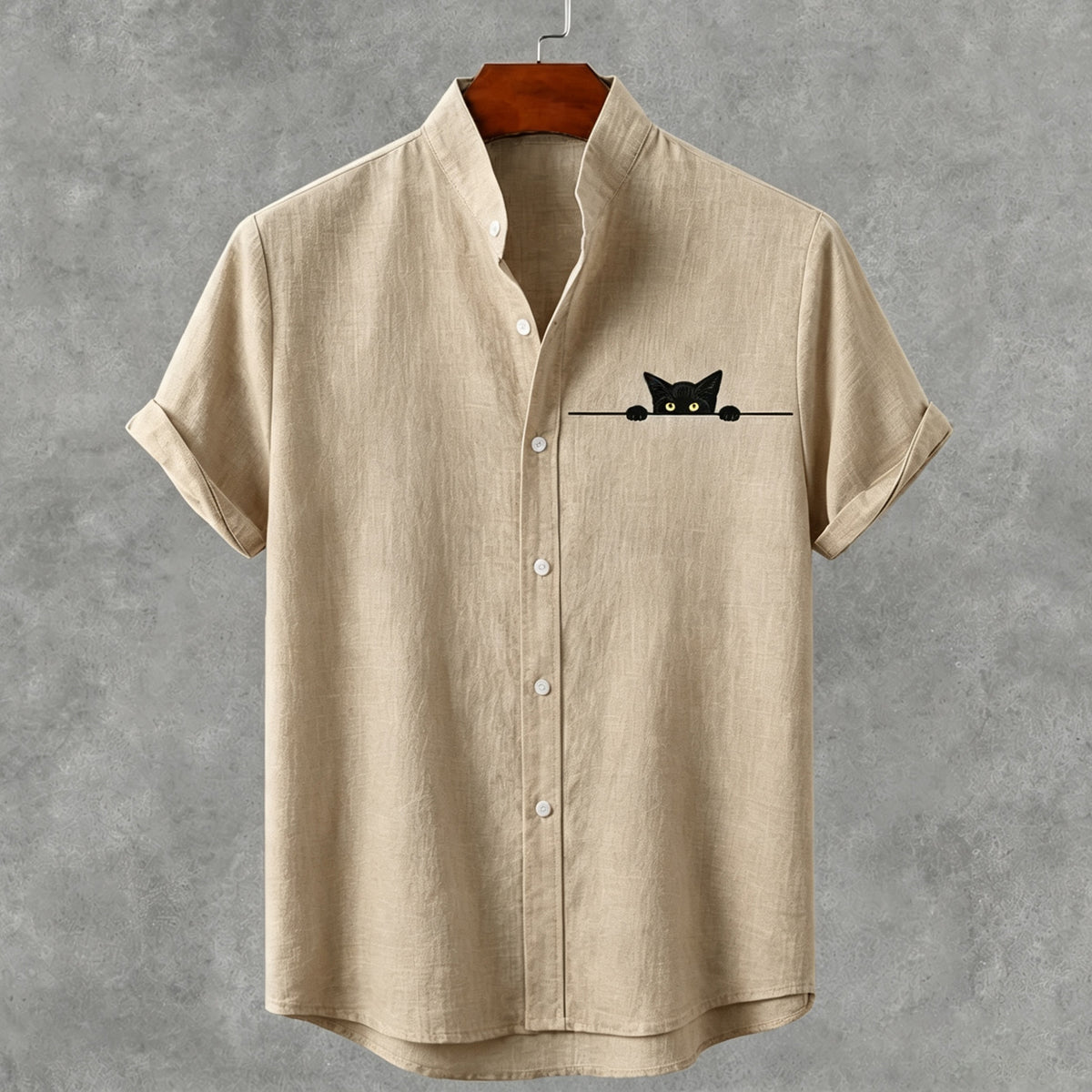 Vintage Black Cat Art Print Casual Linen Shirt
