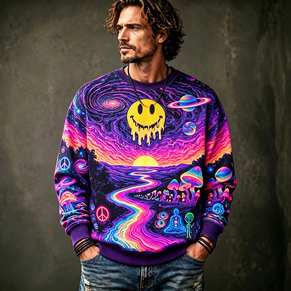 Men's Psychedelic Cosmic Sweatshirt - Neon Galaxy, Melting Smiley Face, Glowing Mushrooms And Peace Sign Print Pullover Top