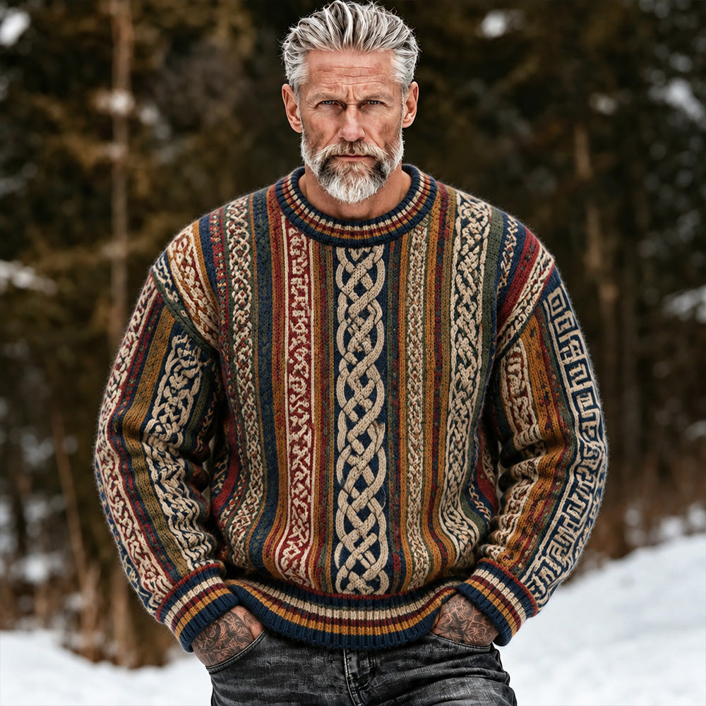 Men's Vintage Colorful Viking Celtic Knot Art Jacquard Warm Crew Neck Sweater