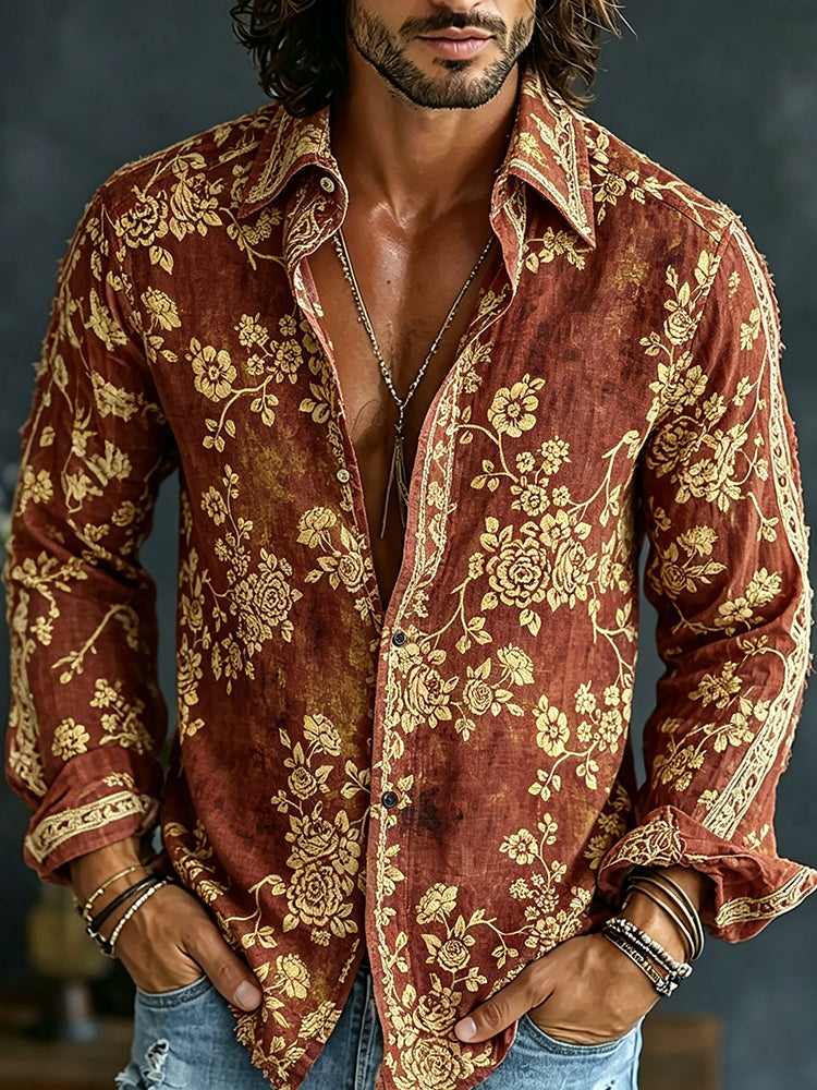 Men's Spring Summer Colorful Floral Printed Art Print Flowy Linen Blend Shirt