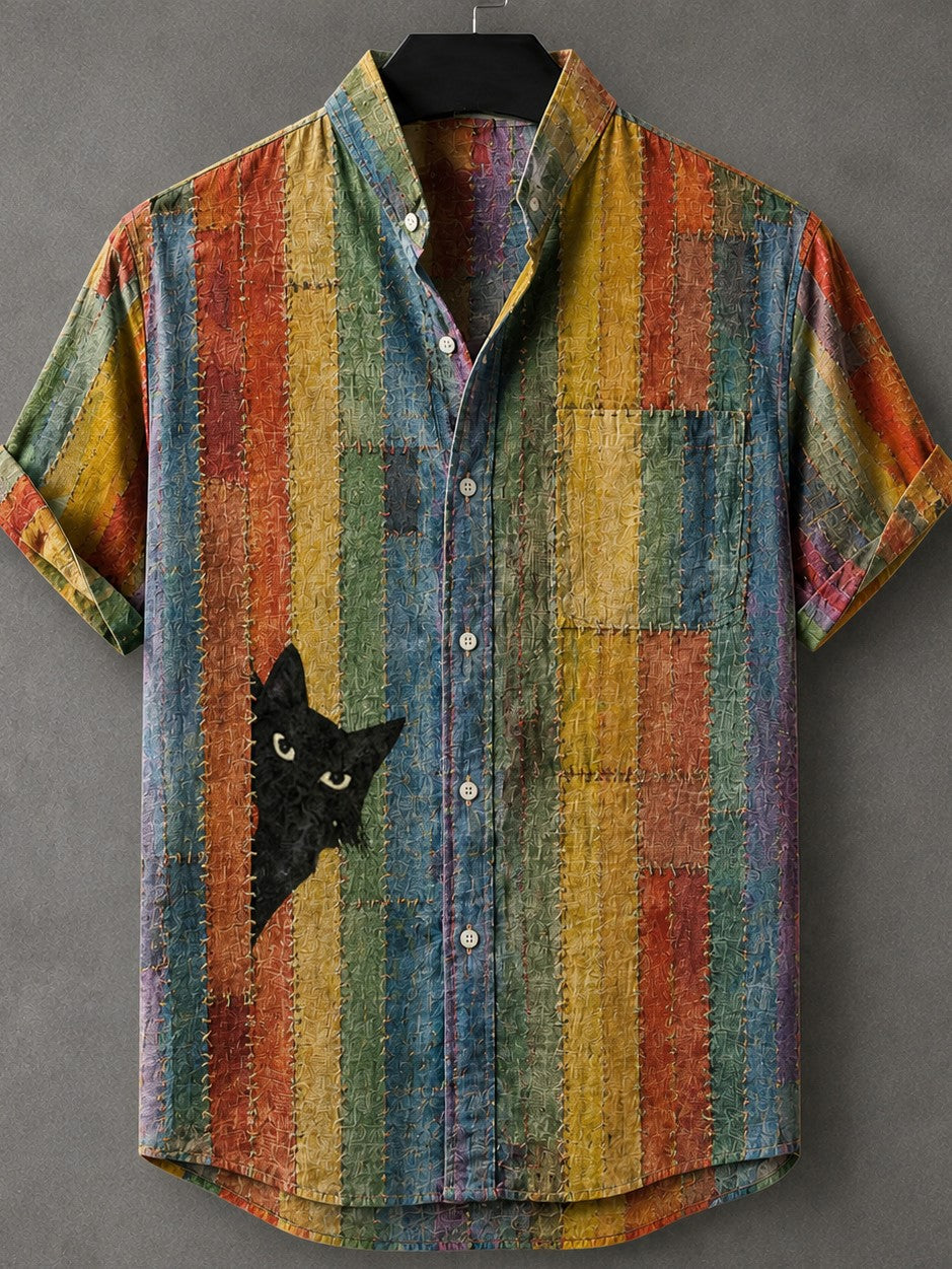 Men's Retro Bohemian Japanese Cat Patchwork Print Linen Shirt
