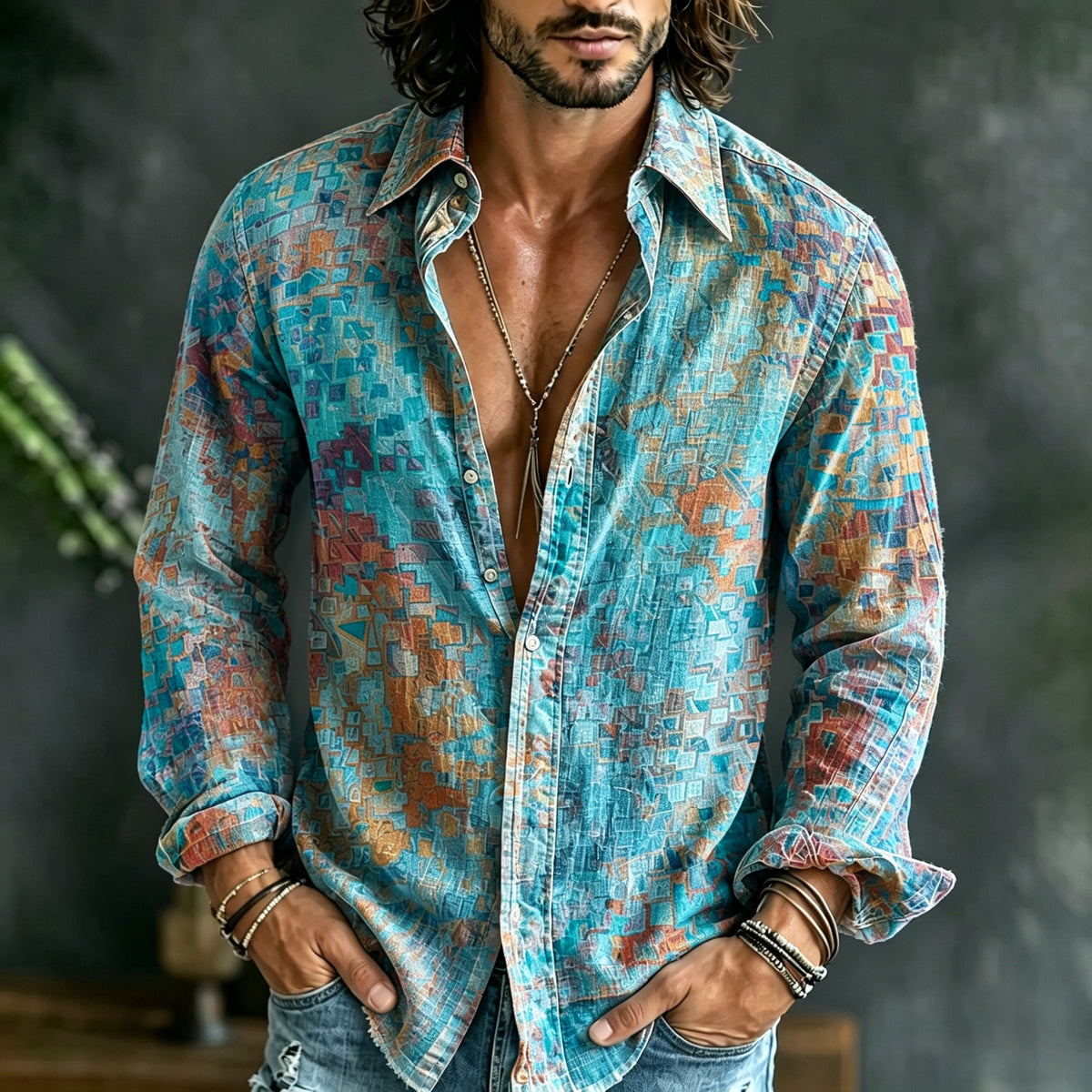 Men's Retro Oil Painting Style Lattice Gradient Art Print Linen Blend Long-sleeve Shirt