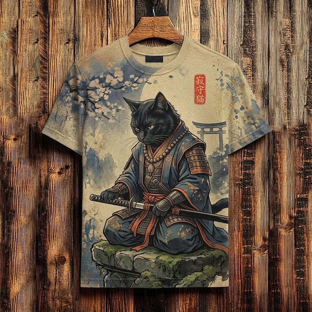 Men's Japanese Black Cat Samurai Art Print Casual Crew Neck Short Sleeve T-shirt