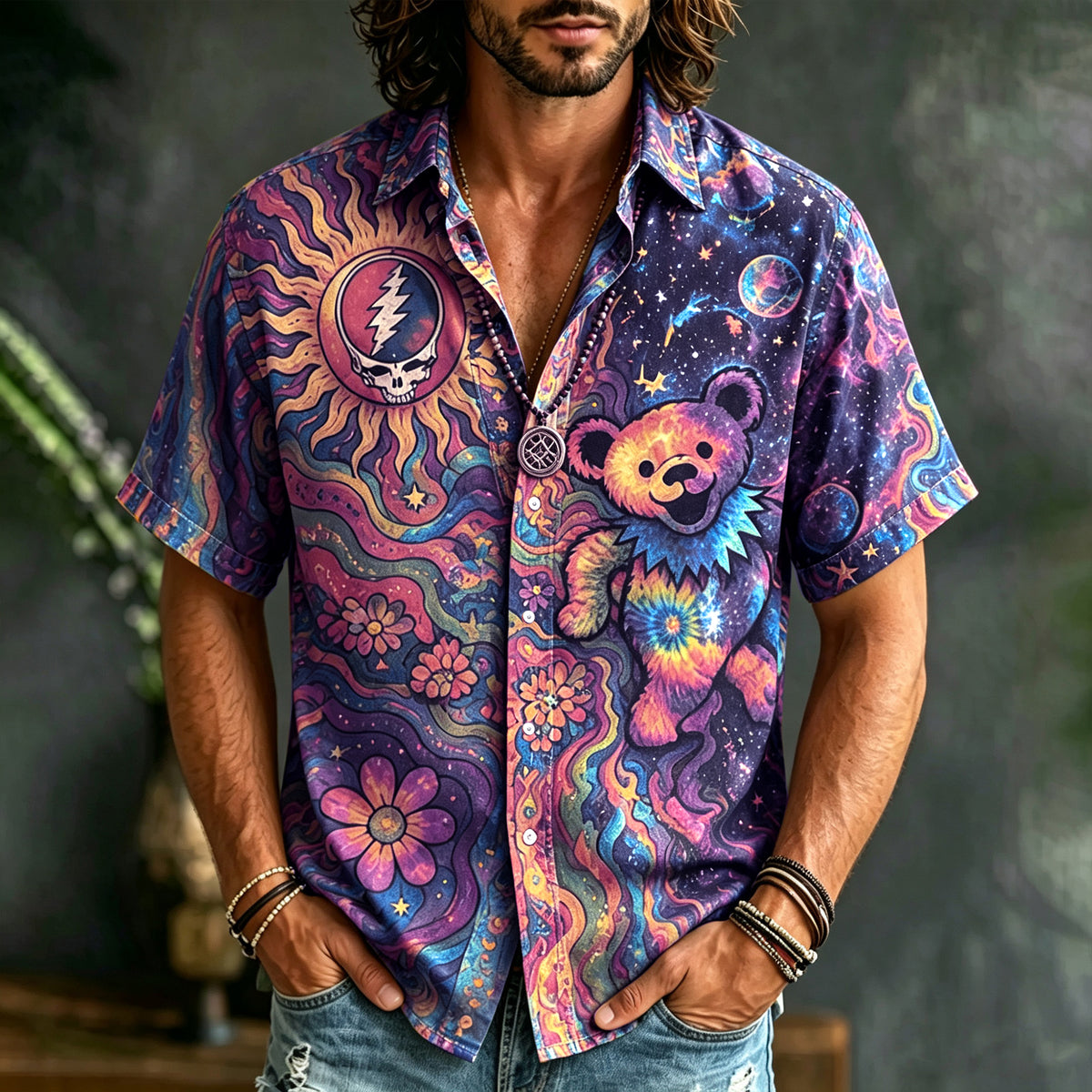 Men's Grateful Dead Dancing Bear Tie Dye Short Sleeve Button Shirt