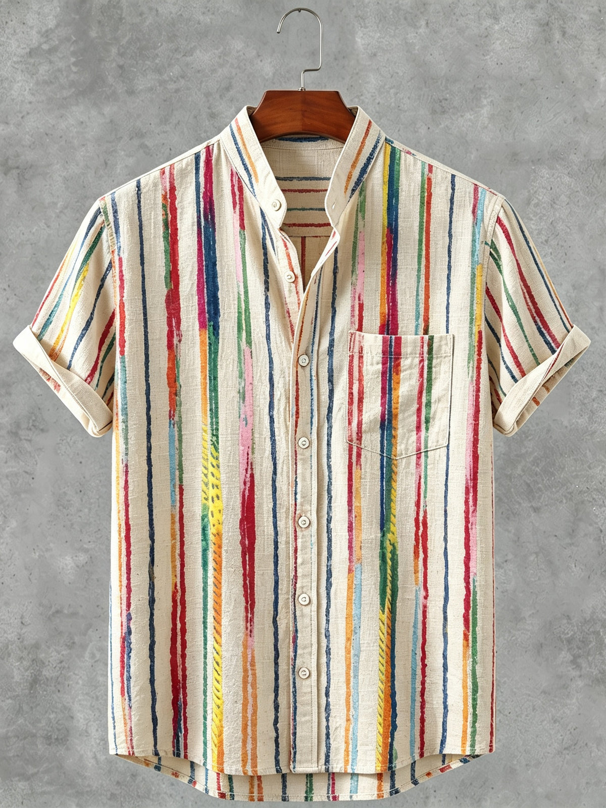Men's Retro Colorful Graffiti Stripes Print Linen Short-sleeve Shirt