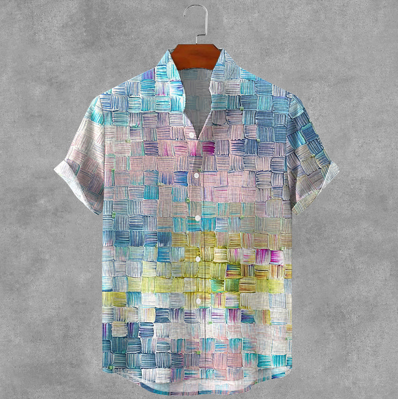 Men's Retro Oil Painting Plaid Art Print And Linen Shirt