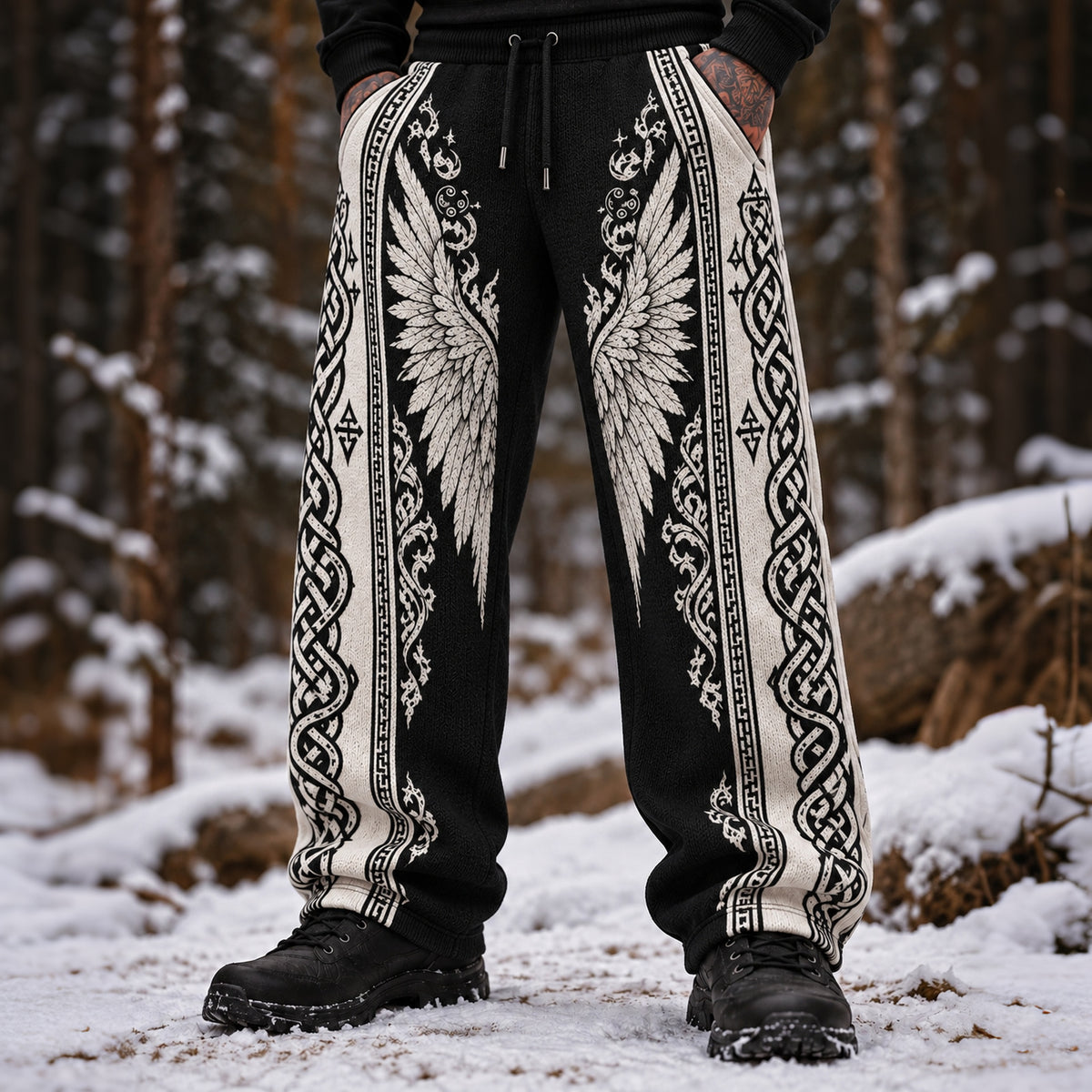 Men's Vintage Viking Wings Celtic Knot Cozy Warm Knitted Jacquard Casual Pants