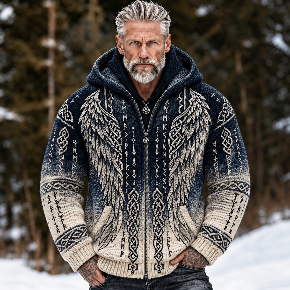 Men's Vintage Viking Style Wings And Celtic Knot Art Jacquard Hooded Cardigan Sweater