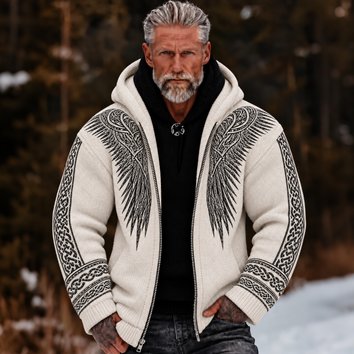 Men's Vintage Viking Wing Celtic Knot Cozy Warm Knitted Jacquard Zipper Hooded Sweater
