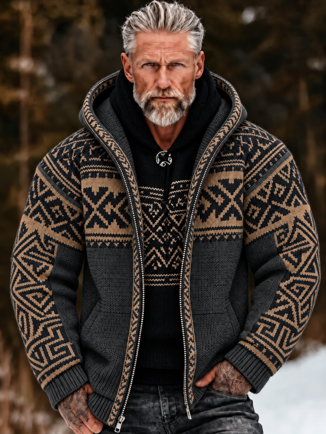 Men's Vintage Geometry Art Cozy Warm Knitted Jacquard Zipper Hooded Sweater