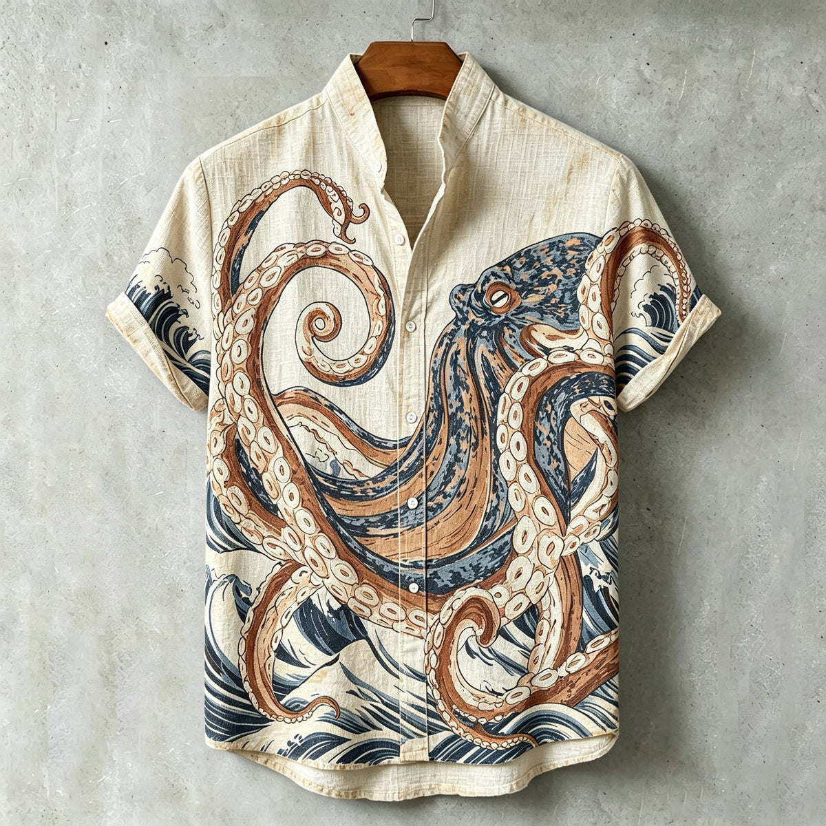 Men's Retro Japanese Art Octopus Print Linen Short-sleeve Shirt