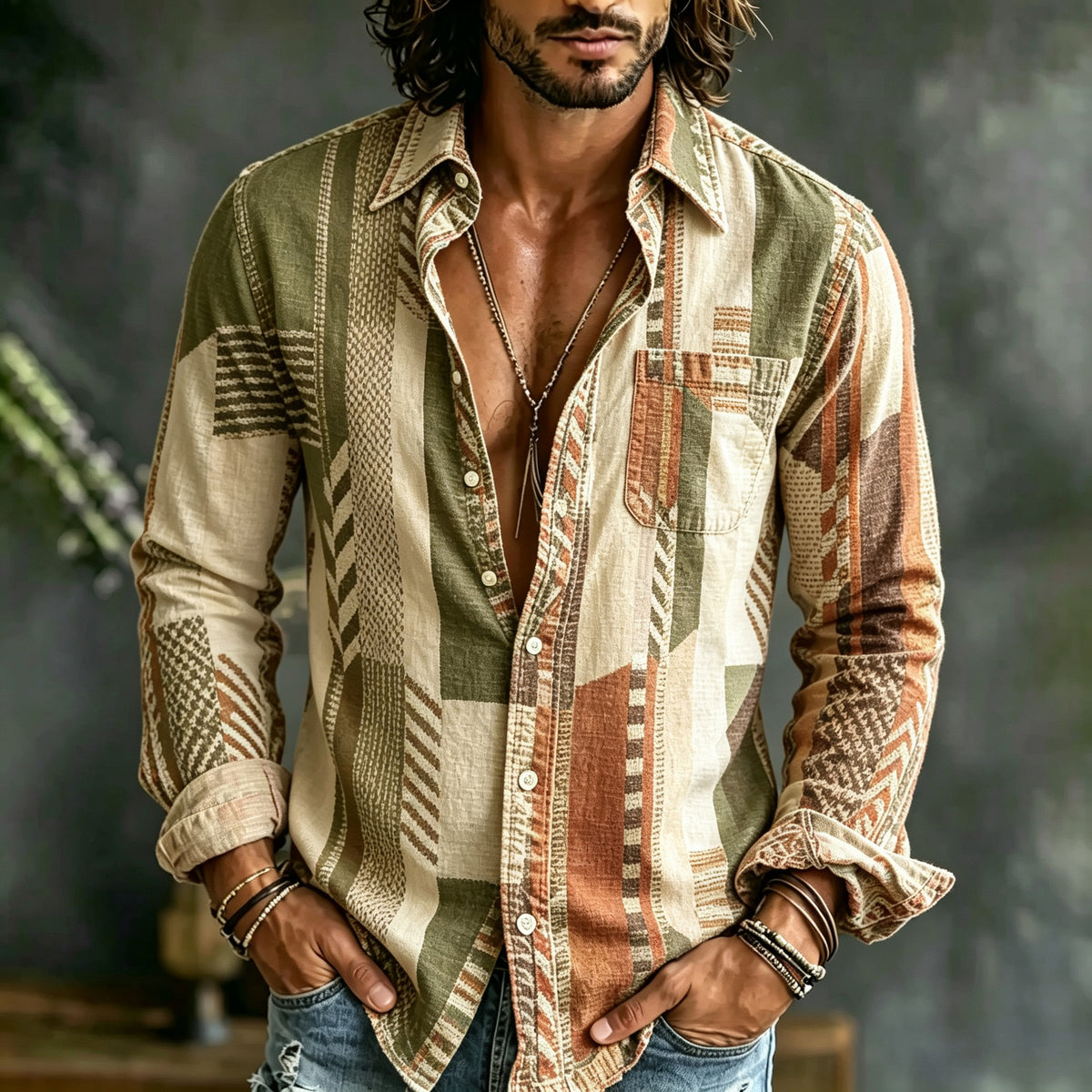 Men's Retro Geometric Art Print Linen Blend Long-sleeve Shirt