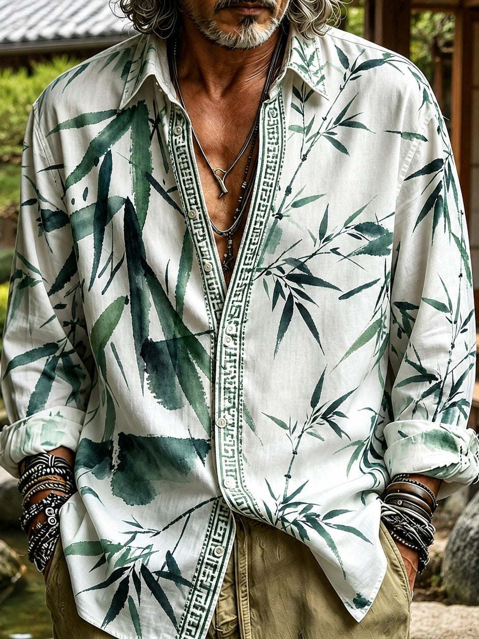 Men's Retro Japanese Bamboo Print Linen Shirt