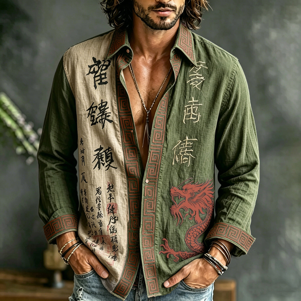 Men's Retro Japanese Calligraphy And Dragon Art Pattern Casual Linen Blend Shirt