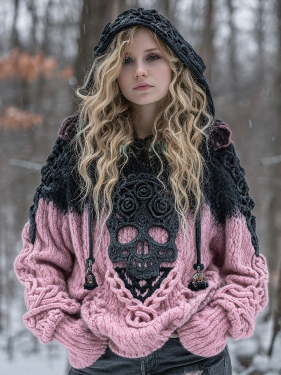 Women's Vintage Viking Tribal Celtic Skull Gradient Art Chunky Knit Hooded Sweater