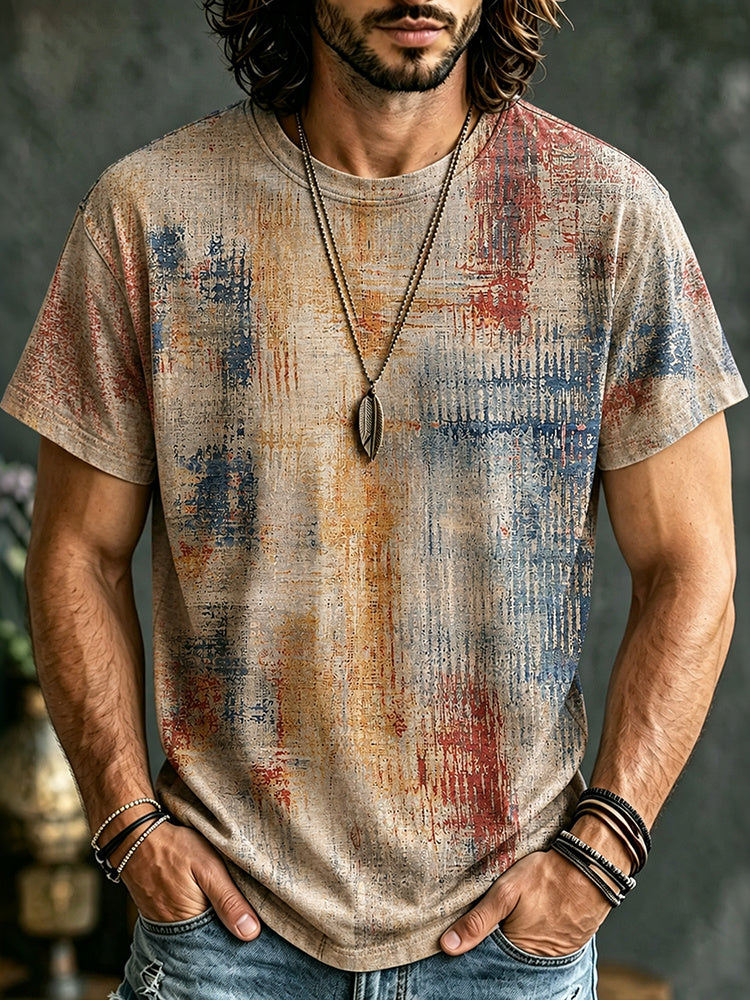 Men's Retro Geometry Gradient Print Casual Round Neck T-shirt
