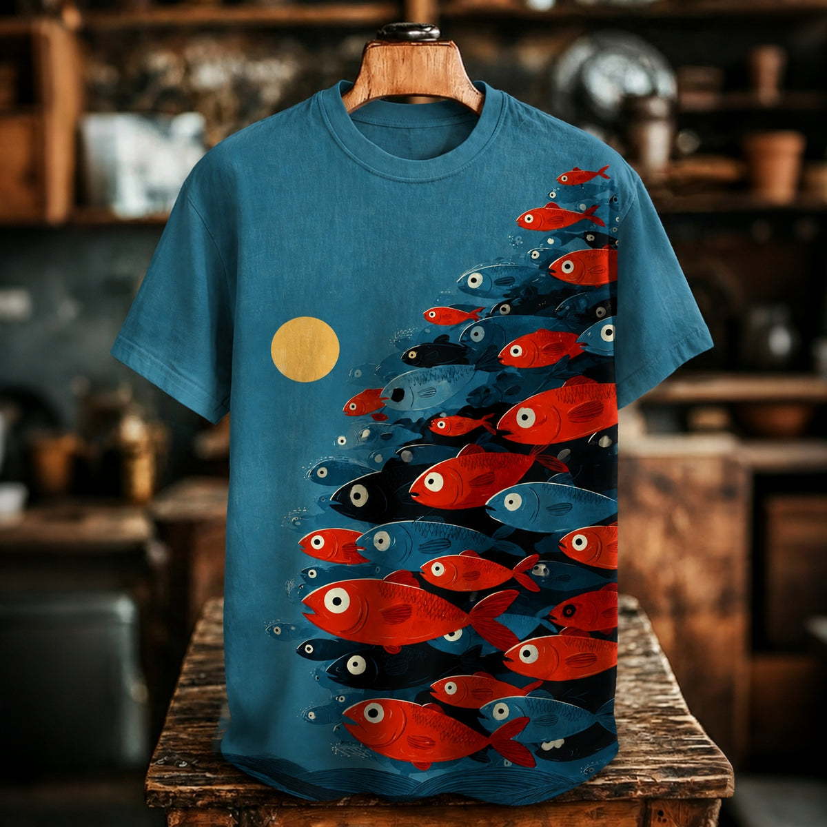 Men's Retro Japanese Fish Color Block Art Print Casual T-shirt