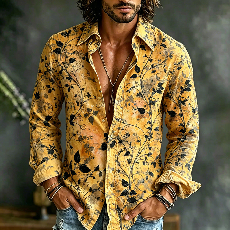Men's Retro Floral Art Print Linen Casual Shirt