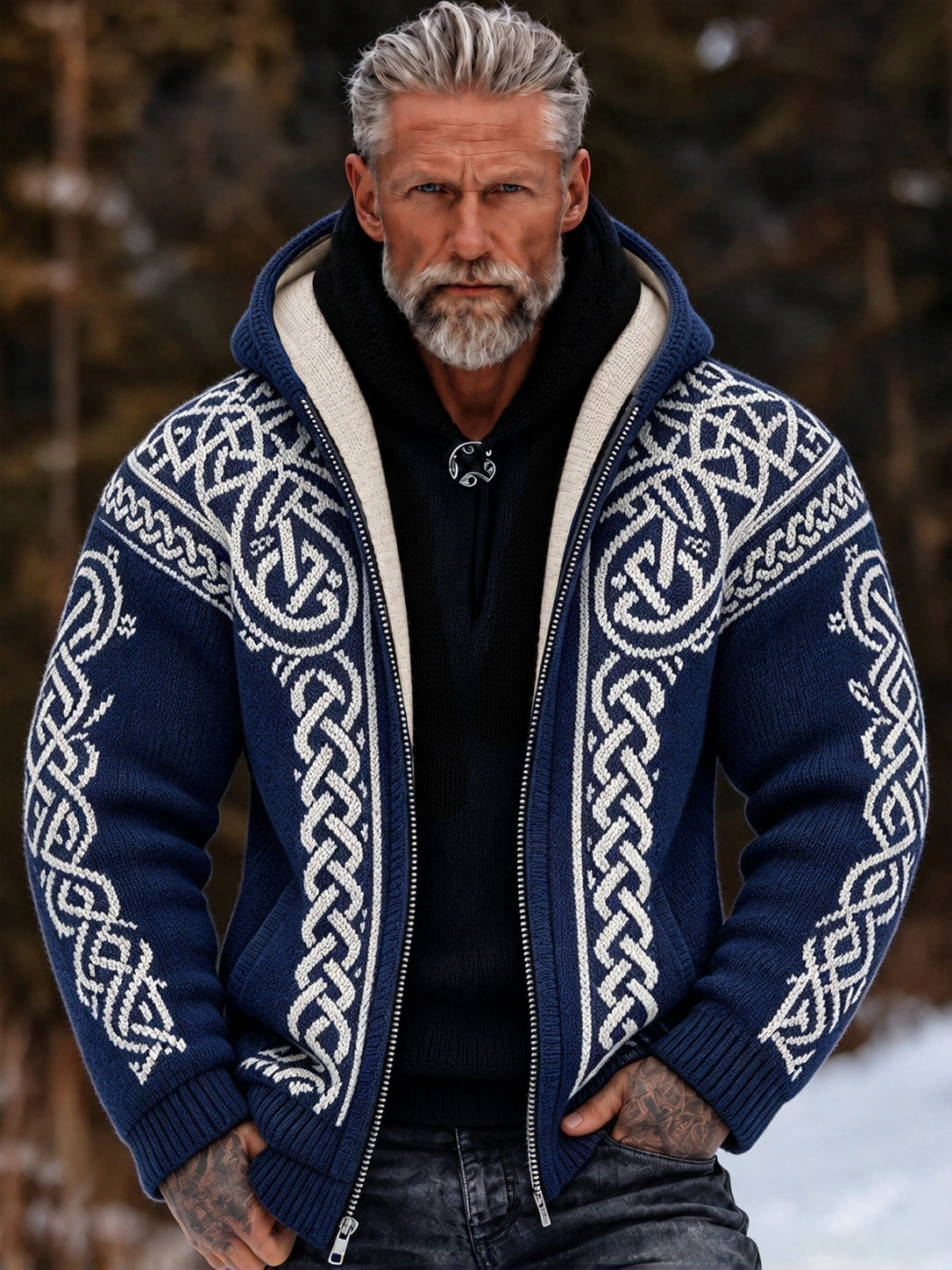 Men's Vintage Viking Celtic Knot Cozy Warm Knitted Jacquard Zipper Hooded Sweater