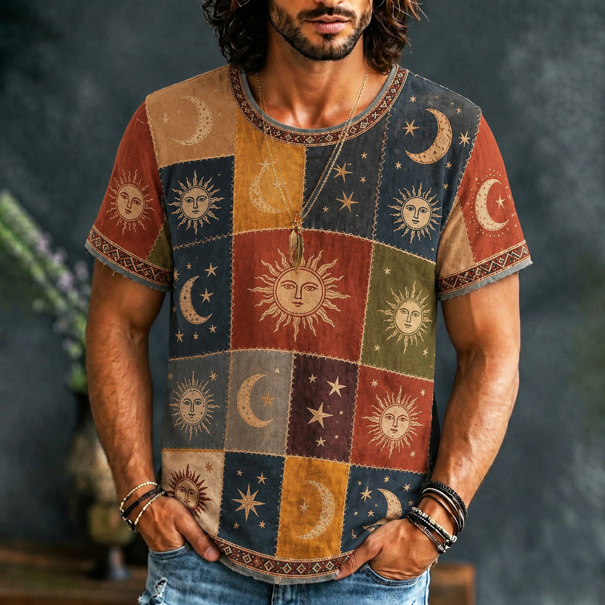 Men's Hippie Sun Moon Geometric Patchwork Print Short Sleeve T-shirt