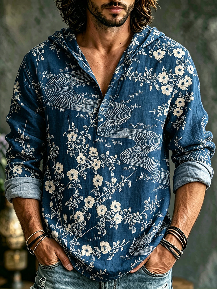 Men's Japanese Art Vacation Floral Linen Hooded Top