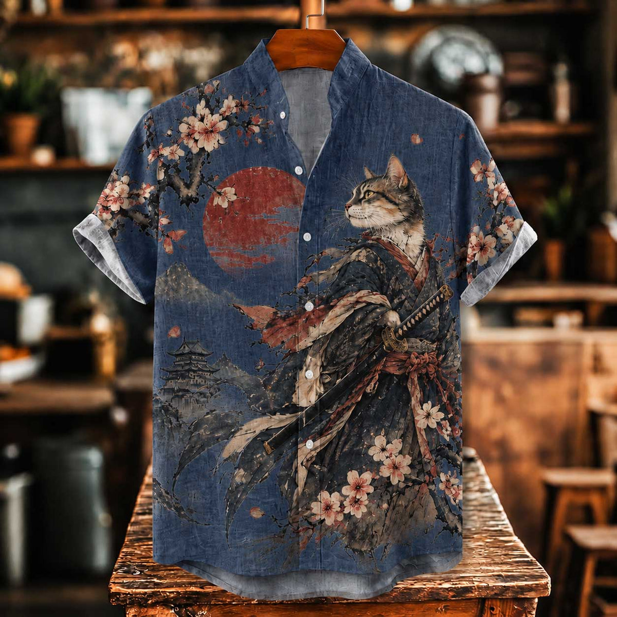 Men's Vintage Japanese Samurai Cat With Sword Art Print Short Sleeve Linen Shirt