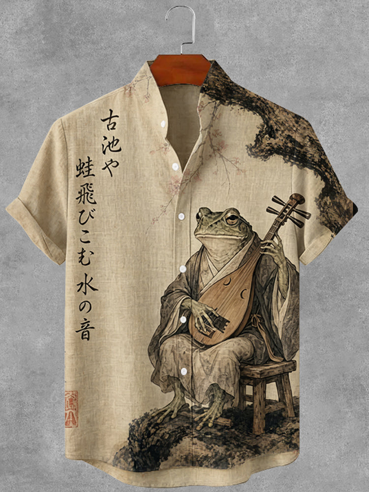 Vintage Japanese Frog Art Print Casual Linen Shirt