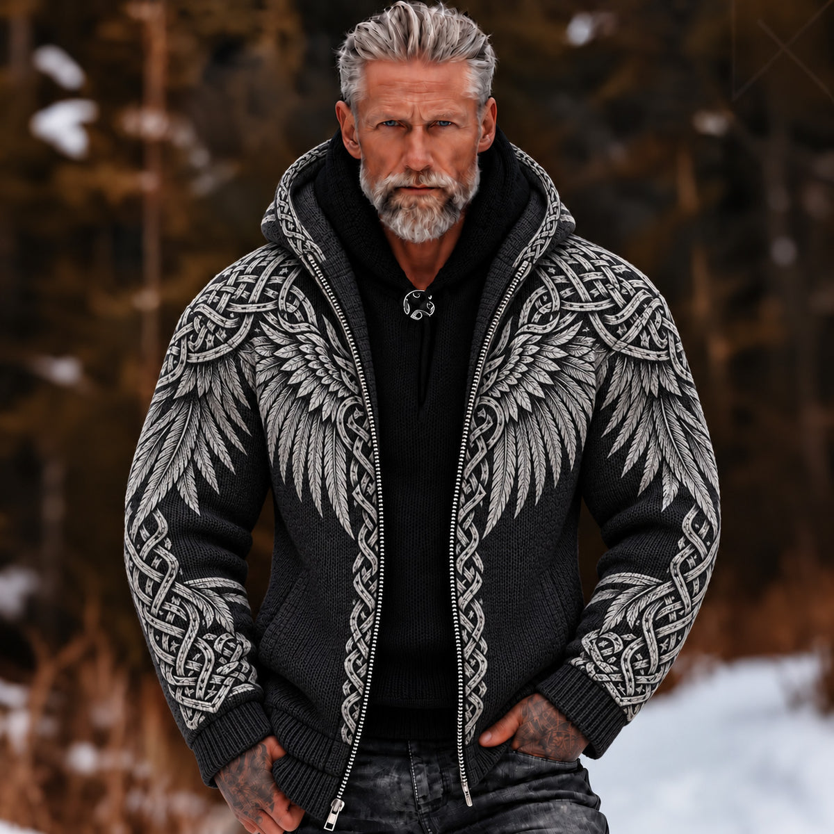 Men's Retro Viking Wings Geometry Pattern Art Zip-up Cozy Hooded Sweater