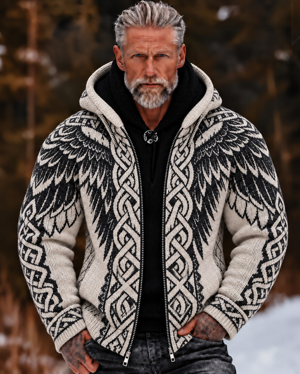 Men's Retro Viking Wings Pattern Art Zip-up Cozy Hooded Sweater